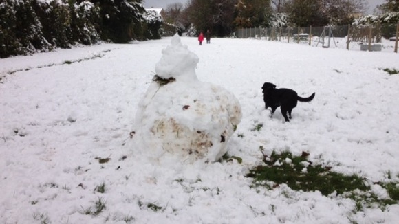 Children and their pet dog enjoy the wintery showers in Combe Down, Bath.