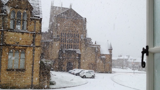 Surprise snow at Sherborne Abbey.