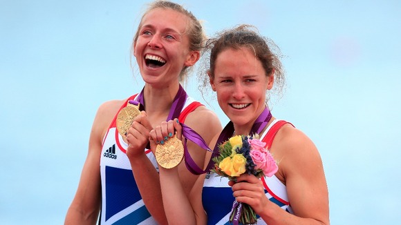 Great Britain's Sophie Hosking (right) and Katherine Copeland celebrate winning gold in the final of the lightweight women's double sculls