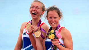 Great Britain's Sophie Hosking (right) and Katherine Copeland celebrate winning gold in the final of the lightweight women's double sculls