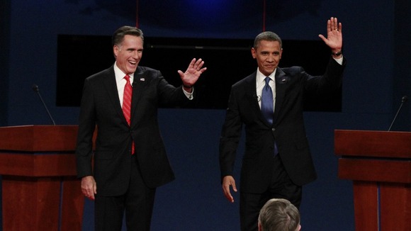 US President Obama and Republican presidential nominee Romney take the stage prior to the first presidential debate in...