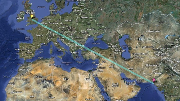 Map showing the journey for British student shot in Karachi but now being treated in Birmingham