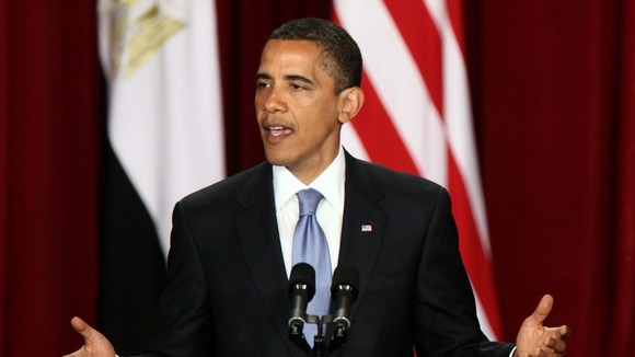 President Barack Obama delivers a speech in the Grand Hall of Cairo University in June 2009