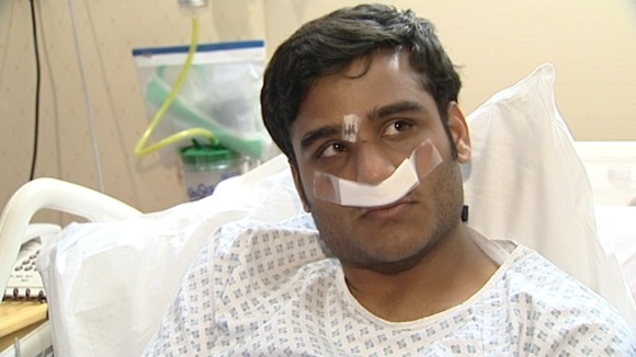 Ummad Farooq in bed recovering from his surgery at the Queen Elizabeth hospital