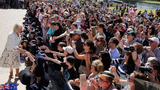 Camilla shakes hands with members of the crowd in Adelaide, South Australia