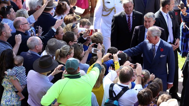 Prince Charles speaks with the crowd outside the Adelaide Convention Centre