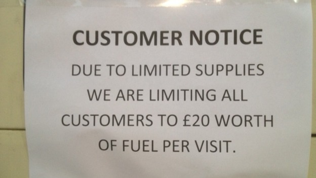 Notice limiting purchase to £20 worth of fuel