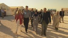 Prime Minister David Cameron and Jordanian Foreign Minister Nasser Judeh visiting a refugee camp school