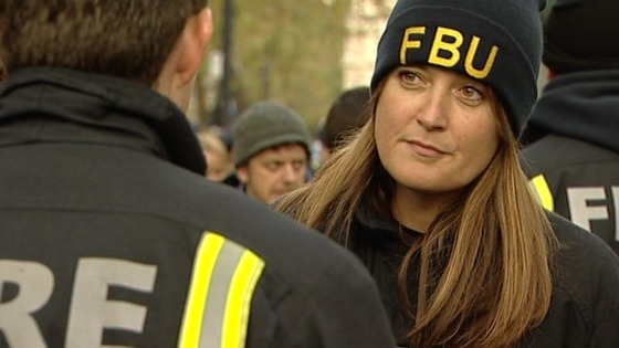 Members from the Fire Brigade Union braving the cold in Westminster earlier