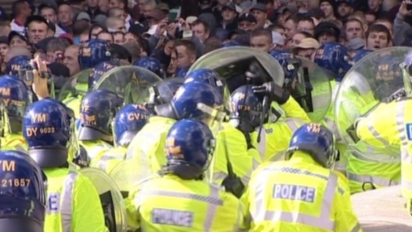 Riot police attending a demonstration in Walsall earlier this year