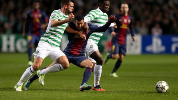 Celtic's Victor Wanyama (right) and Joe Ledley in action with Barcelona's Pedro Rodriguez