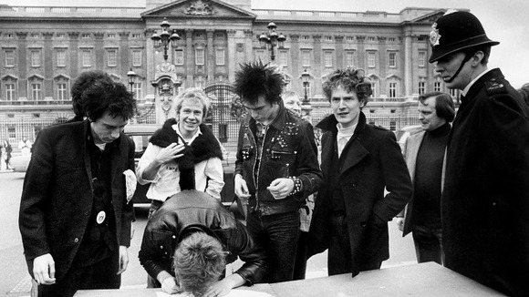 Johnny Rotten, Steve Jones, Paul Cook, new bass player Syd Vicious and the group's manager Malcolm McLaren pictured in 1977.