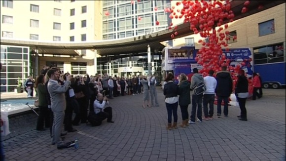 Hundreds of balloons were released to symbolise the region's 7000 unemployed