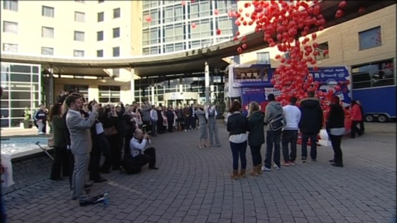 Hundreds of balloons were released to symbolise the region's 7000 unemployed