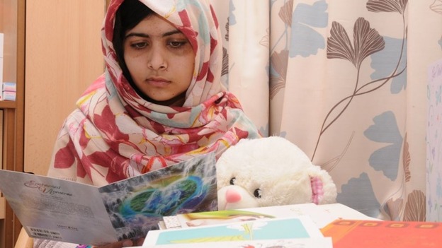 Malala pictured at the Queen Elizabeth Hospital Birmingham, where she is currently being treated.