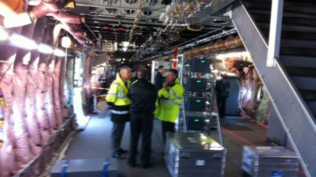 View of the inside of the Airbus A380. It's currently a shell as the plane is being used to test the Trent XWB engine.