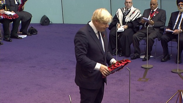 Mayor of London Boris Johnson laying wreath at Service of Remembrance for London's war dead.