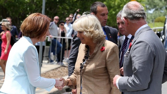 Australia's Prime Minister Julia Gillard greeting Camilla and Charles at an unveiling ceremony in honour of the Queen in Canberra Australia.