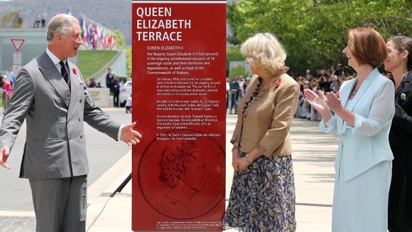 The Prince of Wales and The Duchess of Cornwall unveiling Queen Elizabeth Terrace, as Australian PM Julia Gillard looks on.