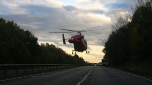 Hertfordshire Air Ambulance leaving the scene of the accident on the A10