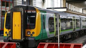 A London Midland Train in a depot in the West Midlands