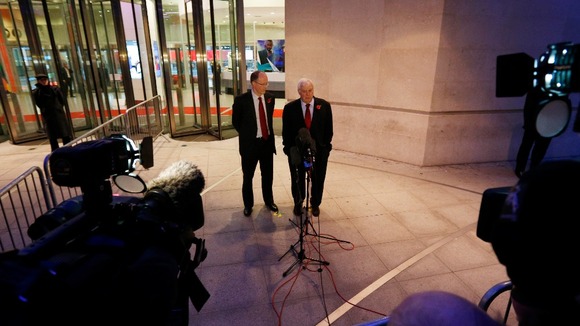George Entwistle and Lord Patten speak to the media.