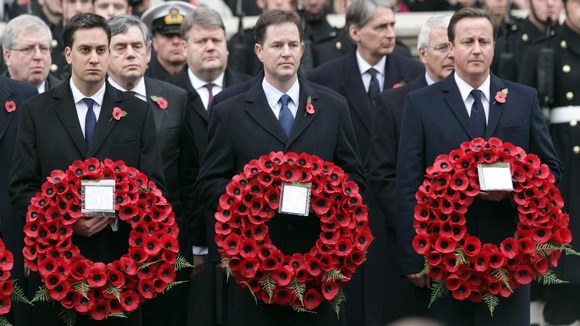 Ed Miliband (left), Nick Clegg and David Cameron at the Remembrance Sunday ceremony in 2010.