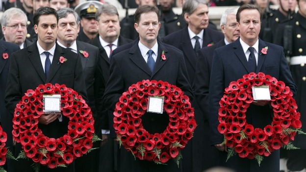 Ed Miliband (left), Nick Clegg and David Cameron at the Remembrance Sunday ceremony in 2010.