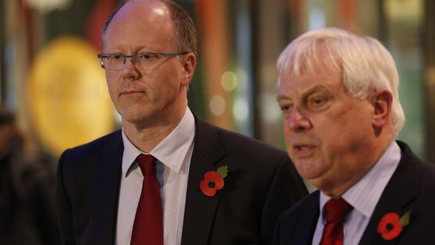 BBC director general George Entwistle (left) looks on as Chairman of the BBC Trust Lord Patten speaks to the media