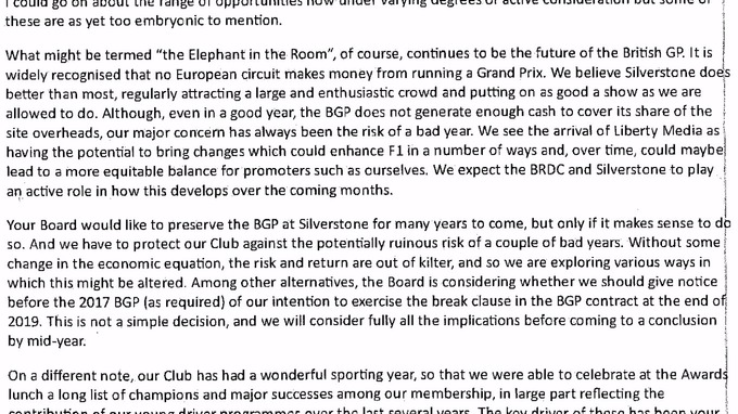 Part of the letter seen by ITV News from the BRDC chairman.