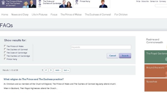 The website offers the chance to search for 'frequently asked questions' about the Prince