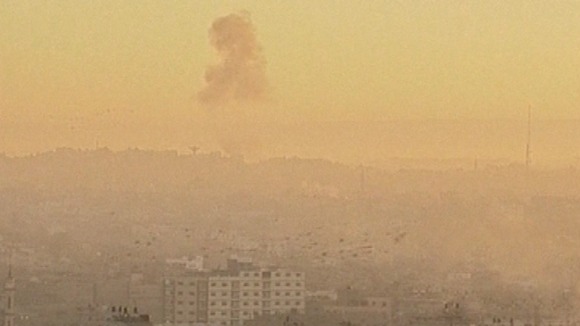 A plume of smoke rises over the view of the Gaza Israeli border this morning