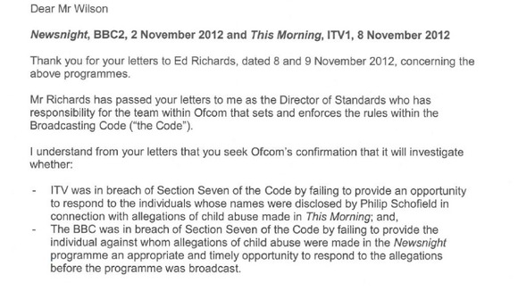 Part of Ofcom's letter in response to MP Rob Wilson