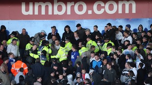 Police move in to control Birmingham City fans during Birmingham City v Burnley in St Andrews' Stadium. Picture date: 07/02/2009.