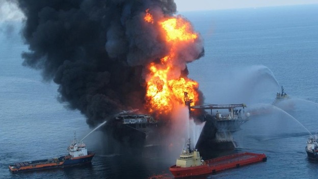 Fire boat response crews battle the blazing remnants of the offshore oil rig Deepwater Horizon in 2010