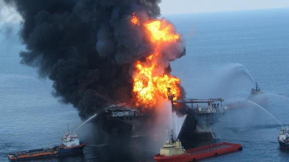 Fire boat response crews battle the blazing remnants of the offshore oil rig Deepwater Horizon in 2010