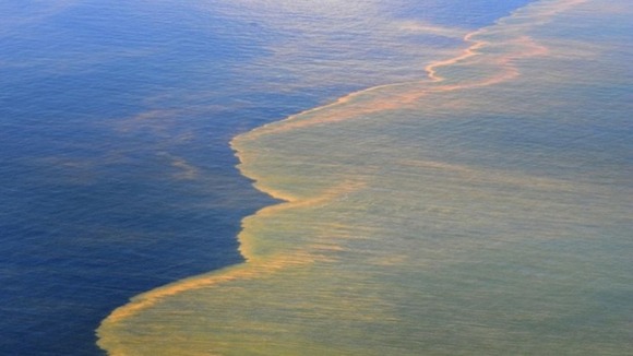 Oil is seen on the surface of the Gulf of Mexico in an aerial view of the Deepwater Horizon oil spill