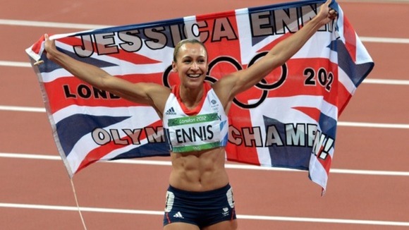 Jessica Ennis celebrating after securing her gold in the women's heptathlon