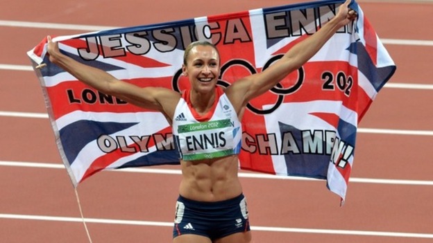 Jessica Ennis celebrating after securing her gold in the women's heptathlon