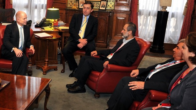 William Hague with President Sheikh Ahmed Mu'az Al-Khatb (third right) of the Syrian opposition movement, and Suheir Atassi (far right). 