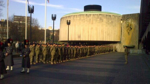 Soldiers gather for the start of their inspection by the Lord Mayor