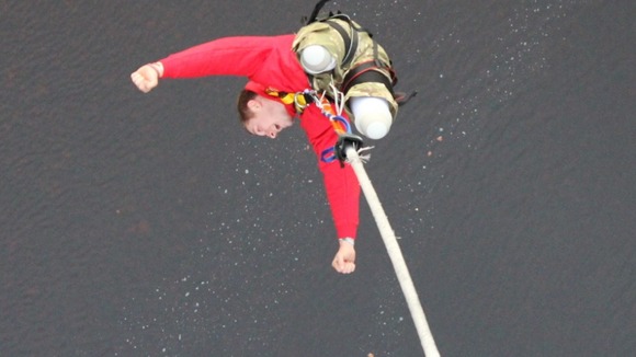 Private Scott Meenagh is said to have become the first double amputee to complete a bungee jump in Scotland.
