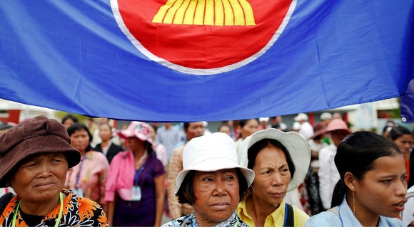 Hundreds of protesters calling for human rights gather in front of Cambodia's National Assembly building