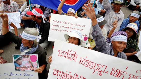 Hundreds of protesters calling for human rights gather in front of Cambodia's National Assembly building
