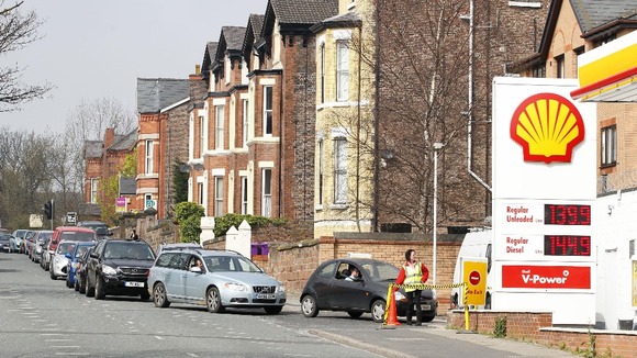 Drivers queue for fuel at a Shell Garage in Liverpool.