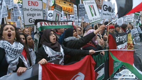 Pro-Palestinian demonstrators protest near the Israeli Embassy in London
