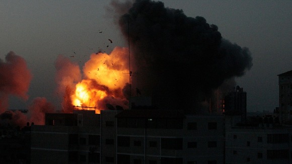 An explosion in Gaza City following an Israeli air strike