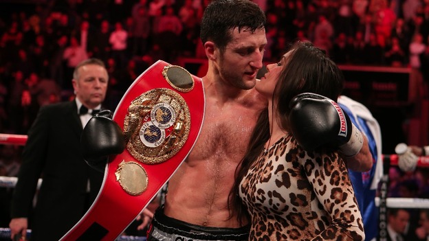 Carl Froch celebrates beating Yusaf Mack with girlfriend Rachael Cordingley