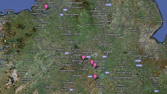 The main cluster of sites are here in the West Midlands