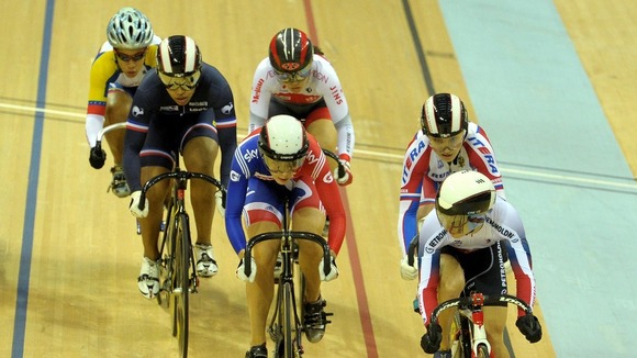 Becky James (c) in keirin first round